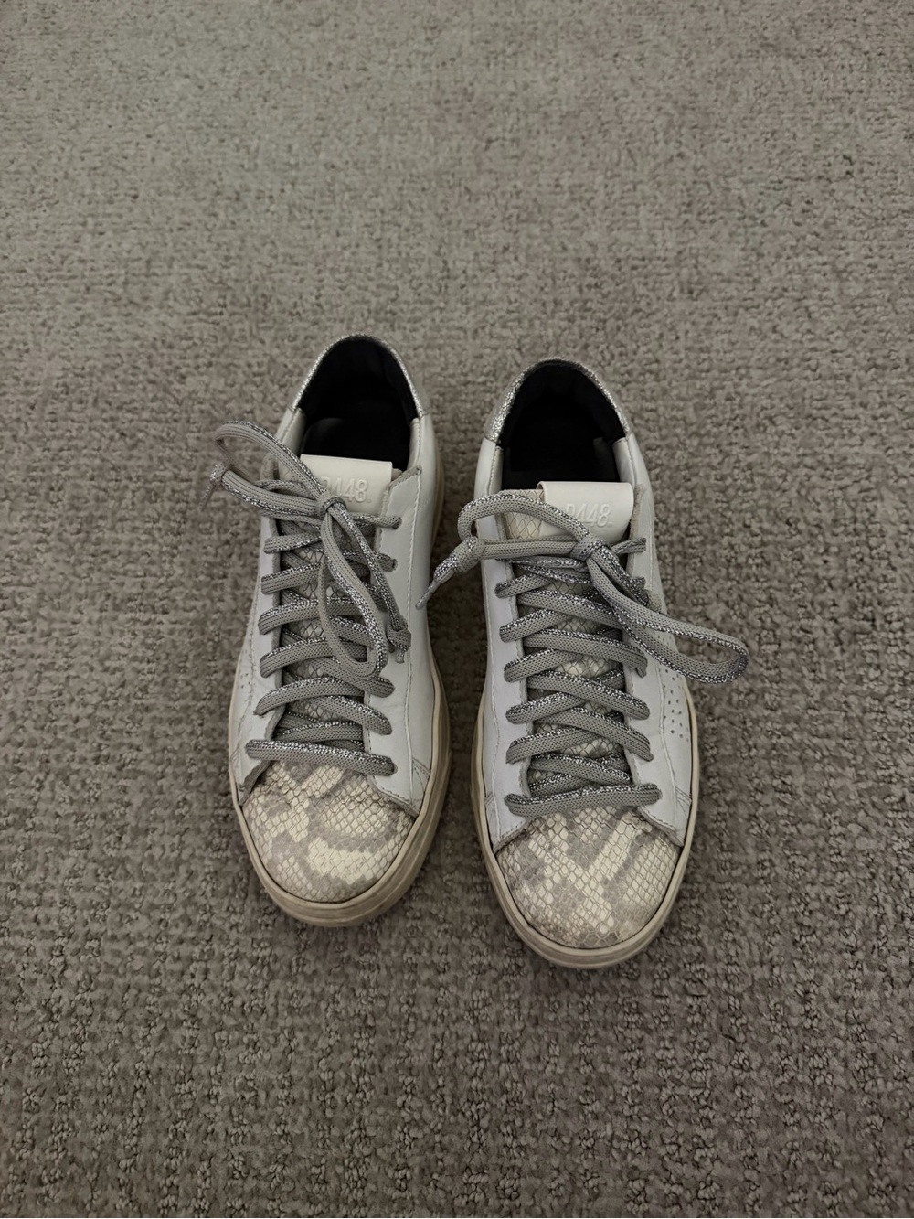 P448 White Leather Low-Top Sneakers with Snake-Print Toe